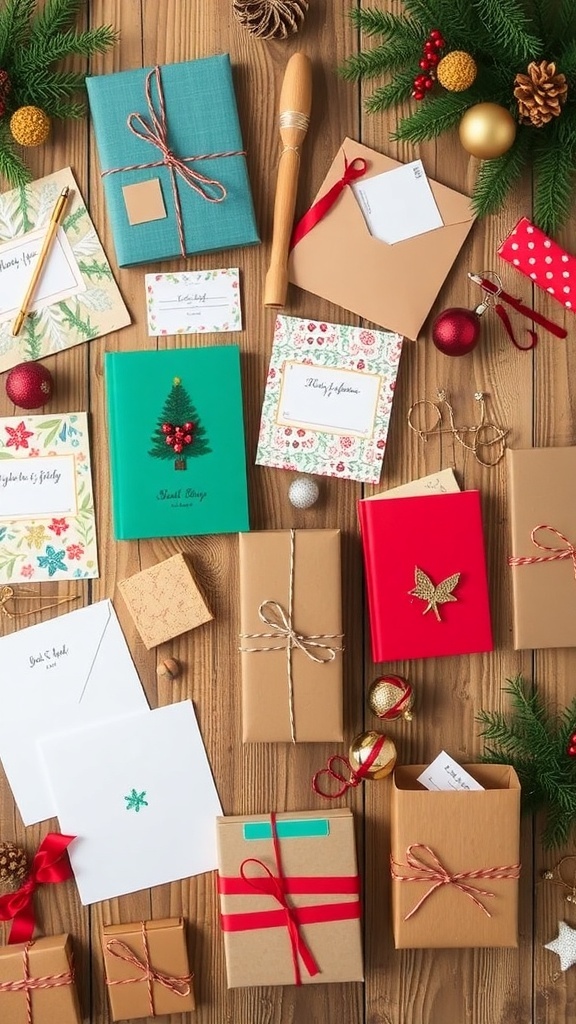 Flat lay of Christmas gift ideas featuring stationery, notebooks, and crafting supplies on a wooden table.